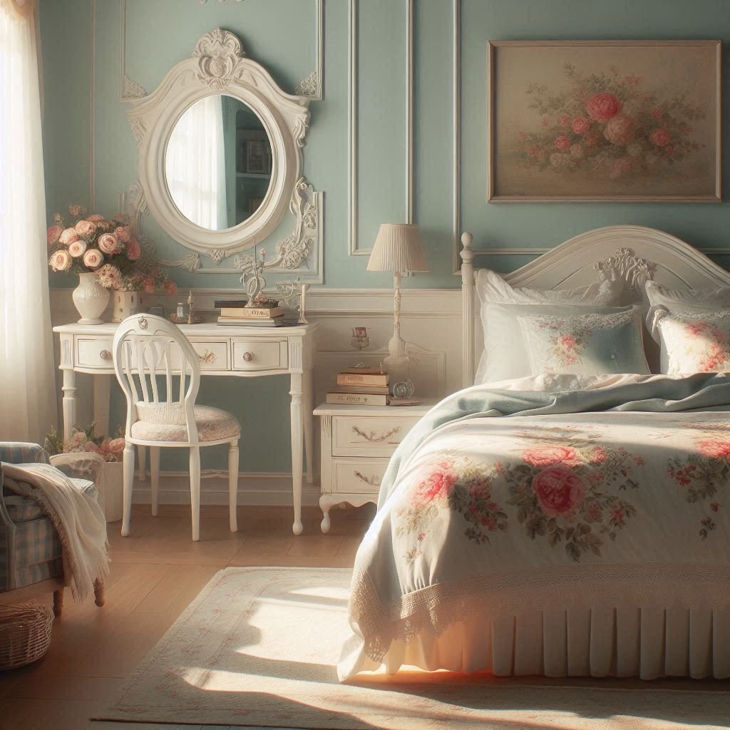 Alt Text: Powder blue bedroom with charming white decor.