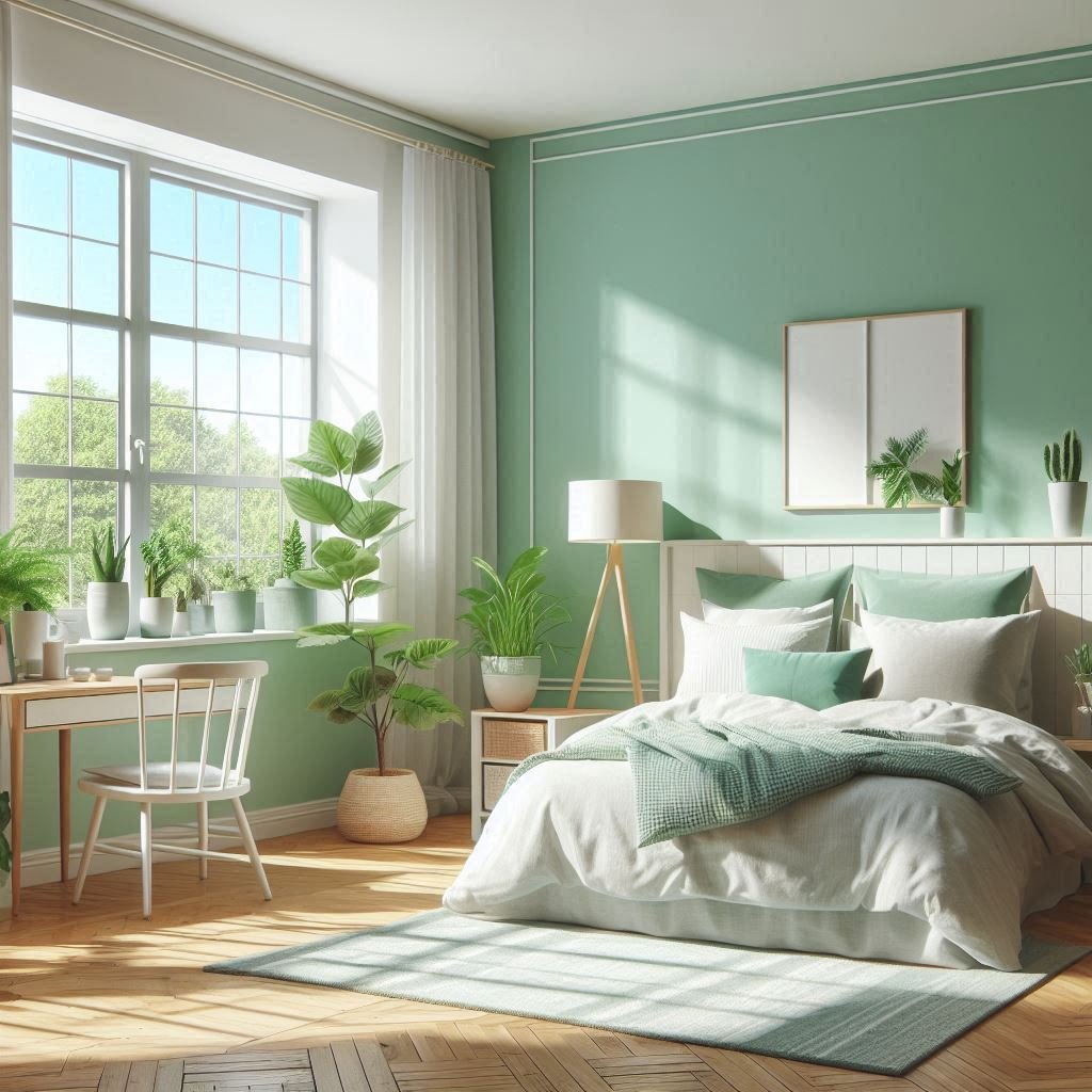 Fresh mint green bedroom wall with white furniture and plants