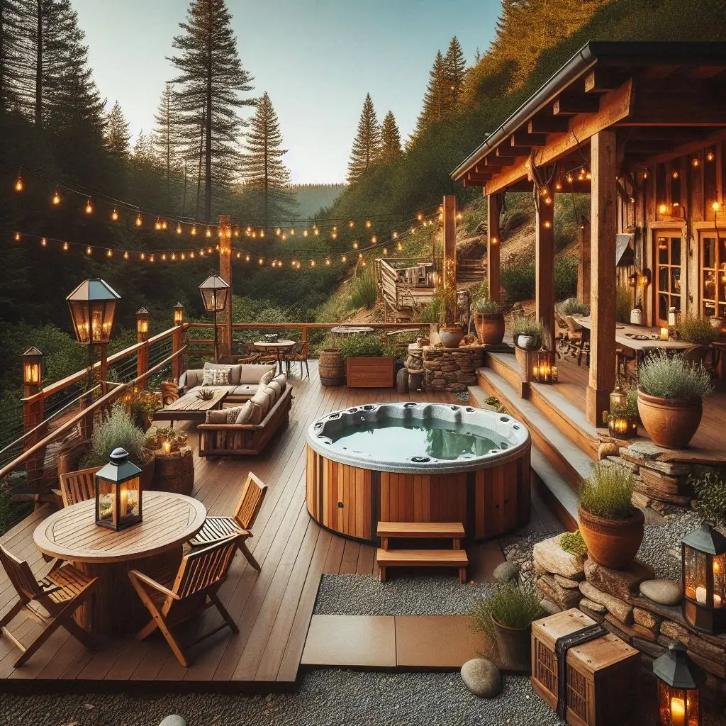 Rustic Wooden Patio with a Sunken Hot Tub