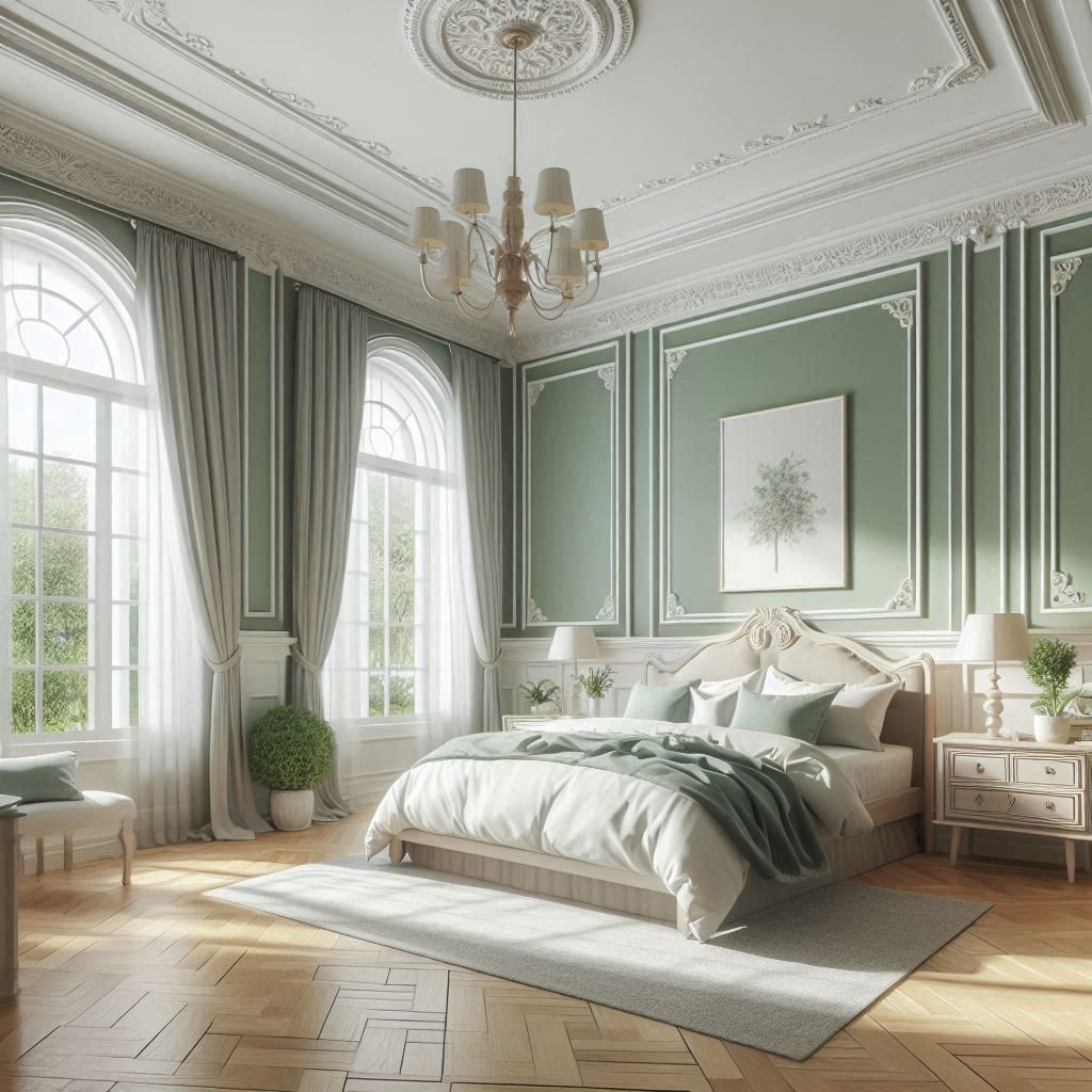 Green and white-trimmed wall in a clean, calm bedroom