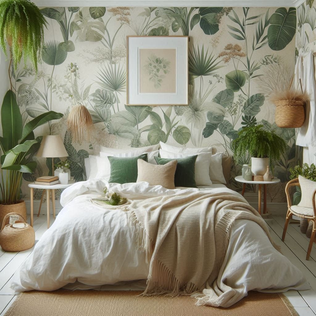 Botanical green wallpaper in bedroom with plants and white linens