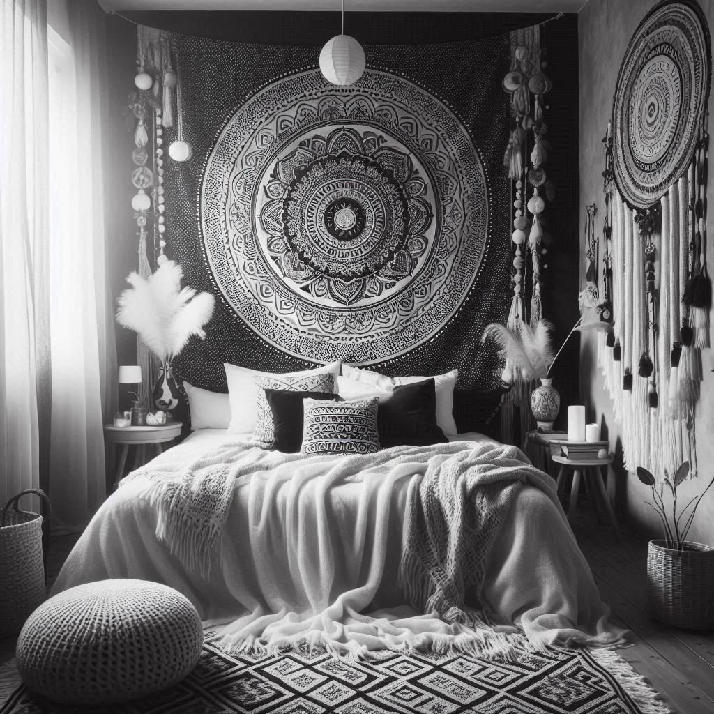 Boho-inspired black and white tapestry on a bedroom wall.
