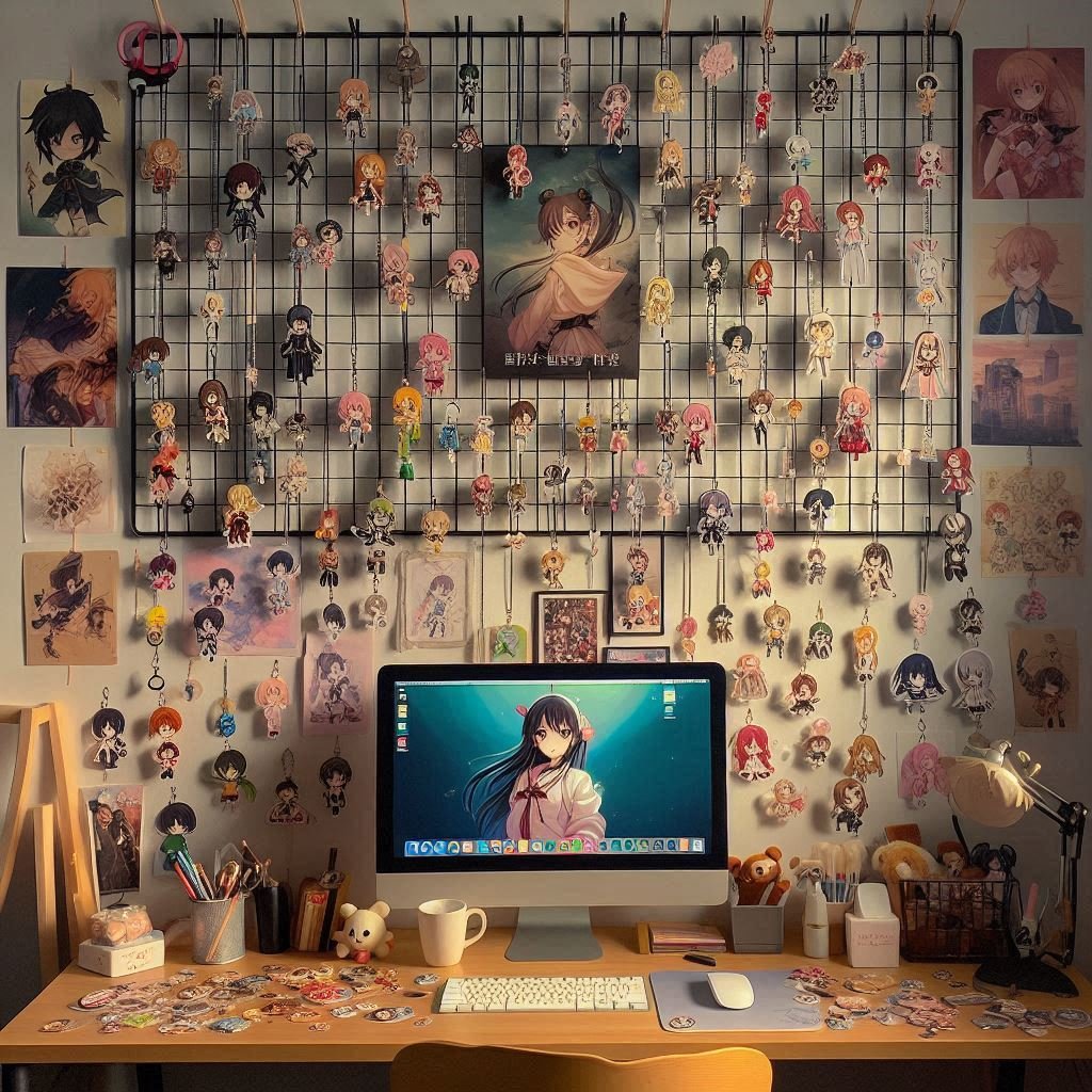 Wall grid showcasing anime merchandise and accessories.