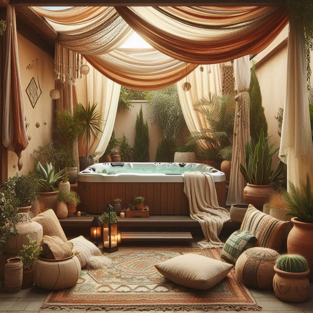 Bohemian Patio with Draped Fabrics and Plants