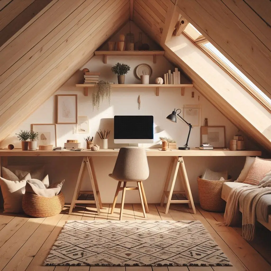 Stylish attic corner workspace featuring vertical storage and natural light