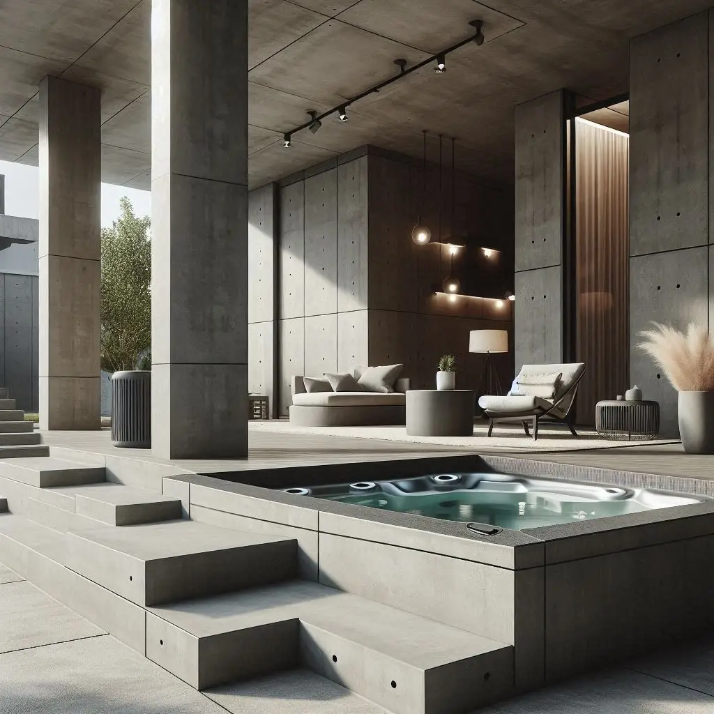 Concrete Modern Patio with Elevated Hot Tub

