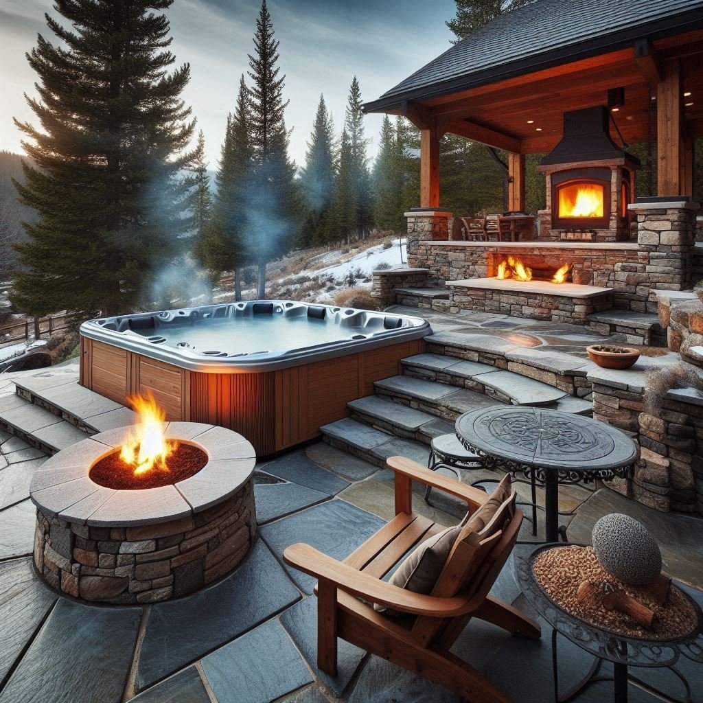 Stone Patio with Fire Pit and Hot Tub Combo