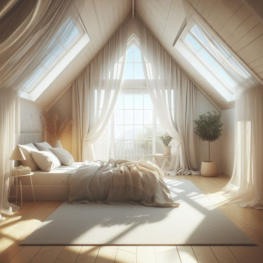 Attic bedroom with skylights and natural light enhancing sloped ceilings.