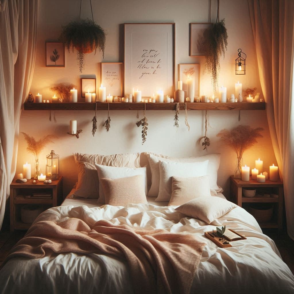 Floating shelf with candles and framed romantic quotes above the bed