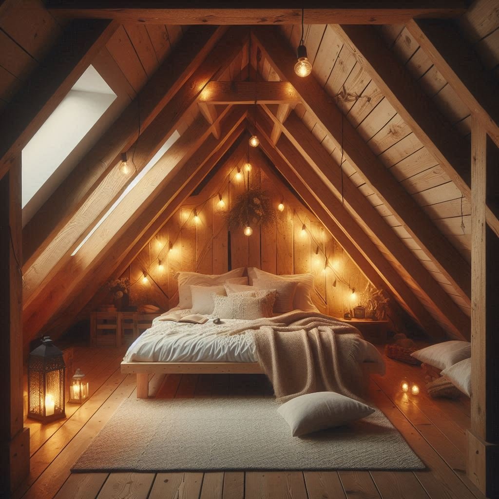 Exposed beams adding rustic charm to attic ceiling.