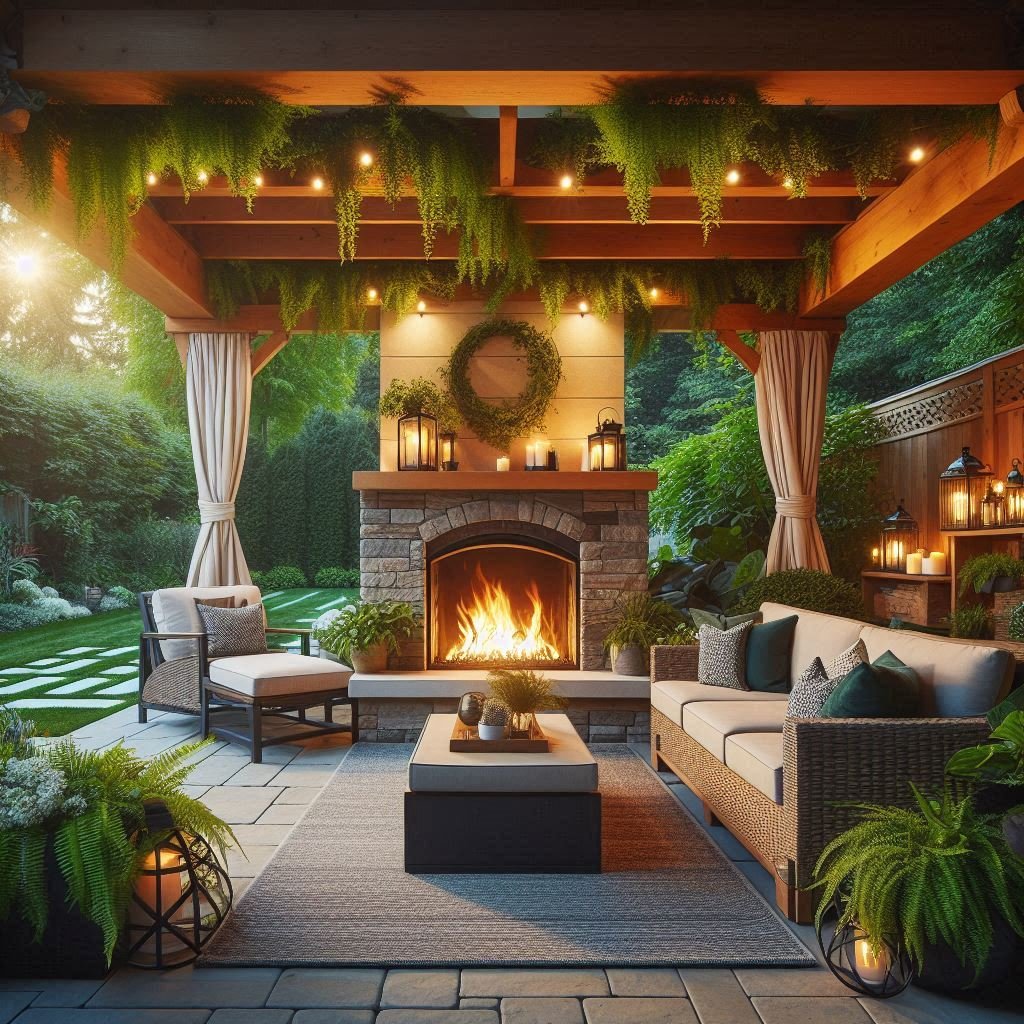 Outdoor Fireplace in a Covered Pergola patio