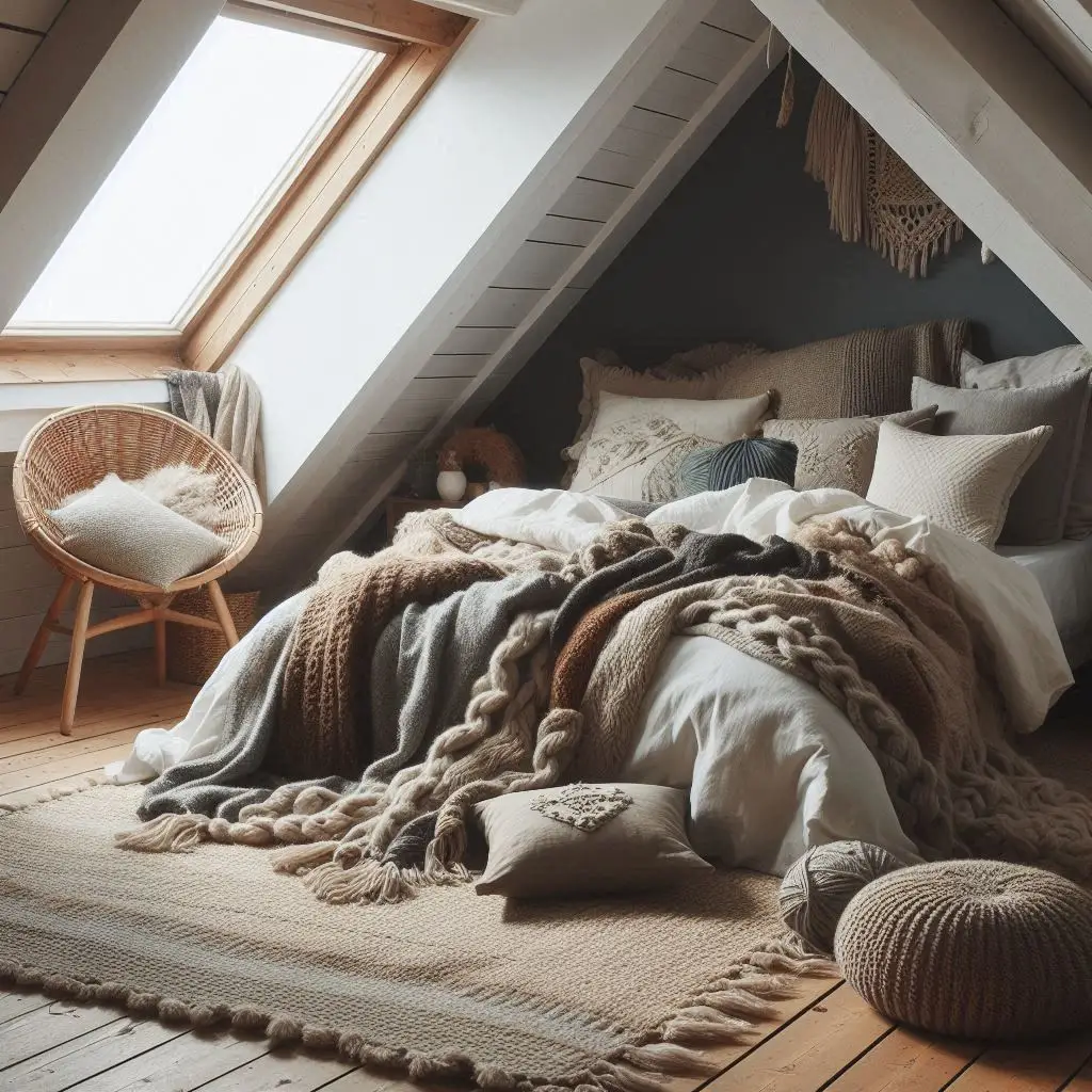 Attic bedroom with layered fabrics and textures for extra comfort.