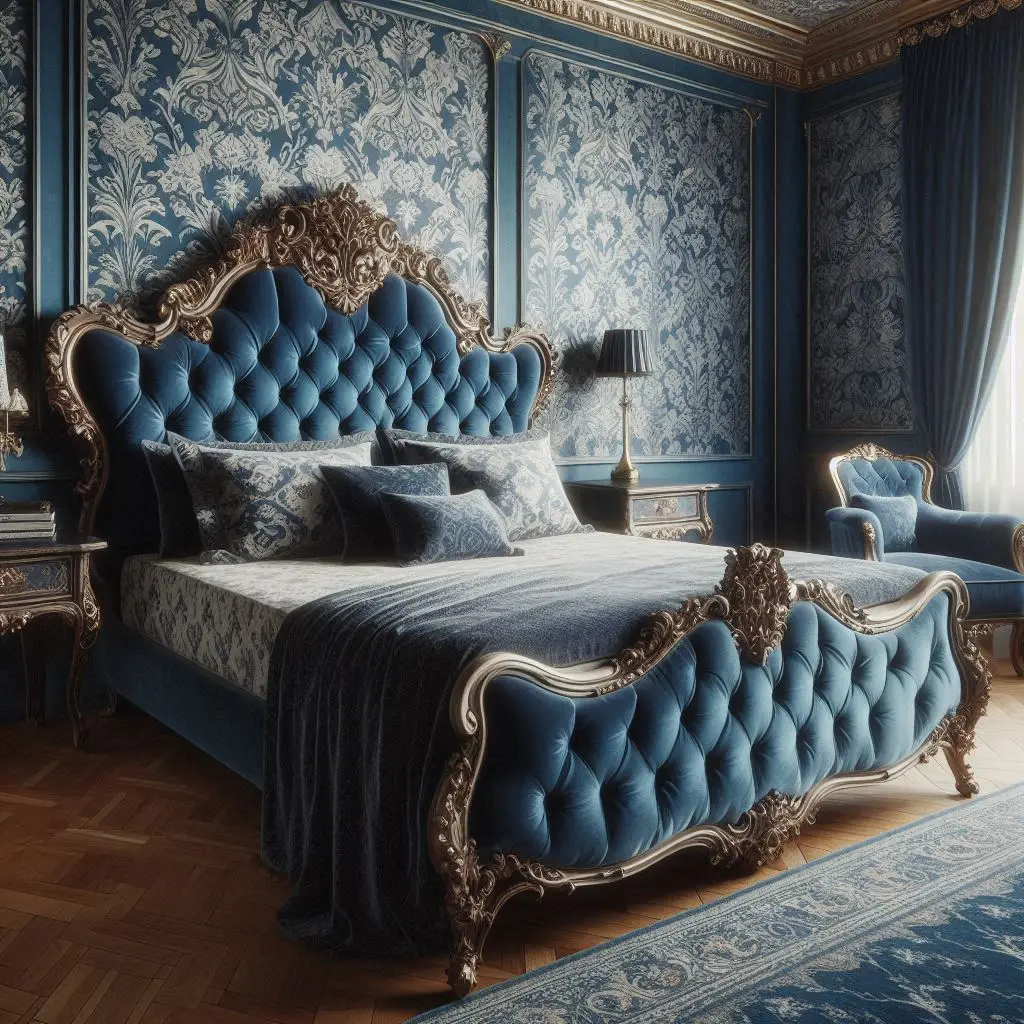 Victorian-style bedroom featuring royal blue wallpaper design
