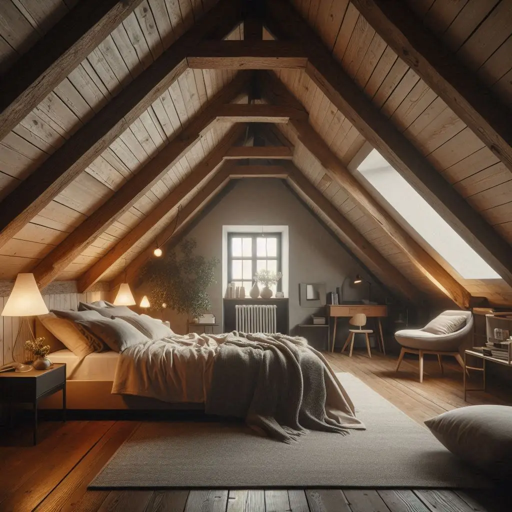 Rustic Beams Meet Modern Comfort – A Cozy Attic Blend