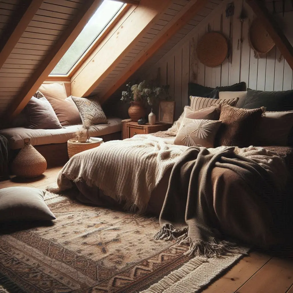 Velvet cushions and woven rugs in cozy attic bedroom