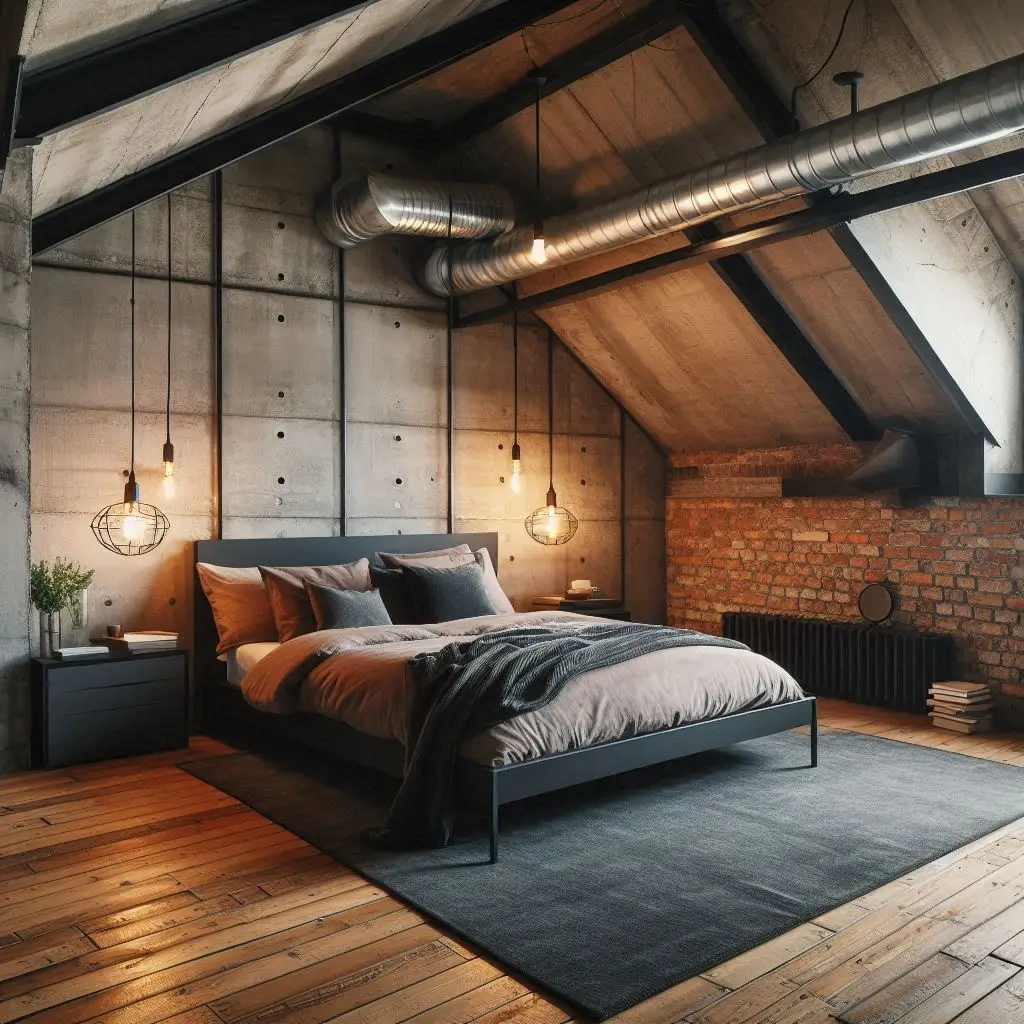"Industrial attic bedroom with raw concrete walls and exposed ducts"