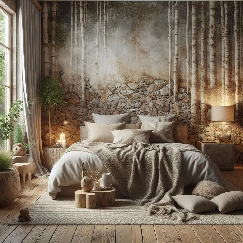 Organic textured wallpaper in natural-themed bedroom