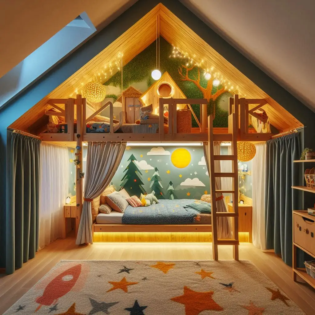 "Attic kids' bedroom with a treehouse-style loft bed and cozy sleeping pod under sloped ceiling"