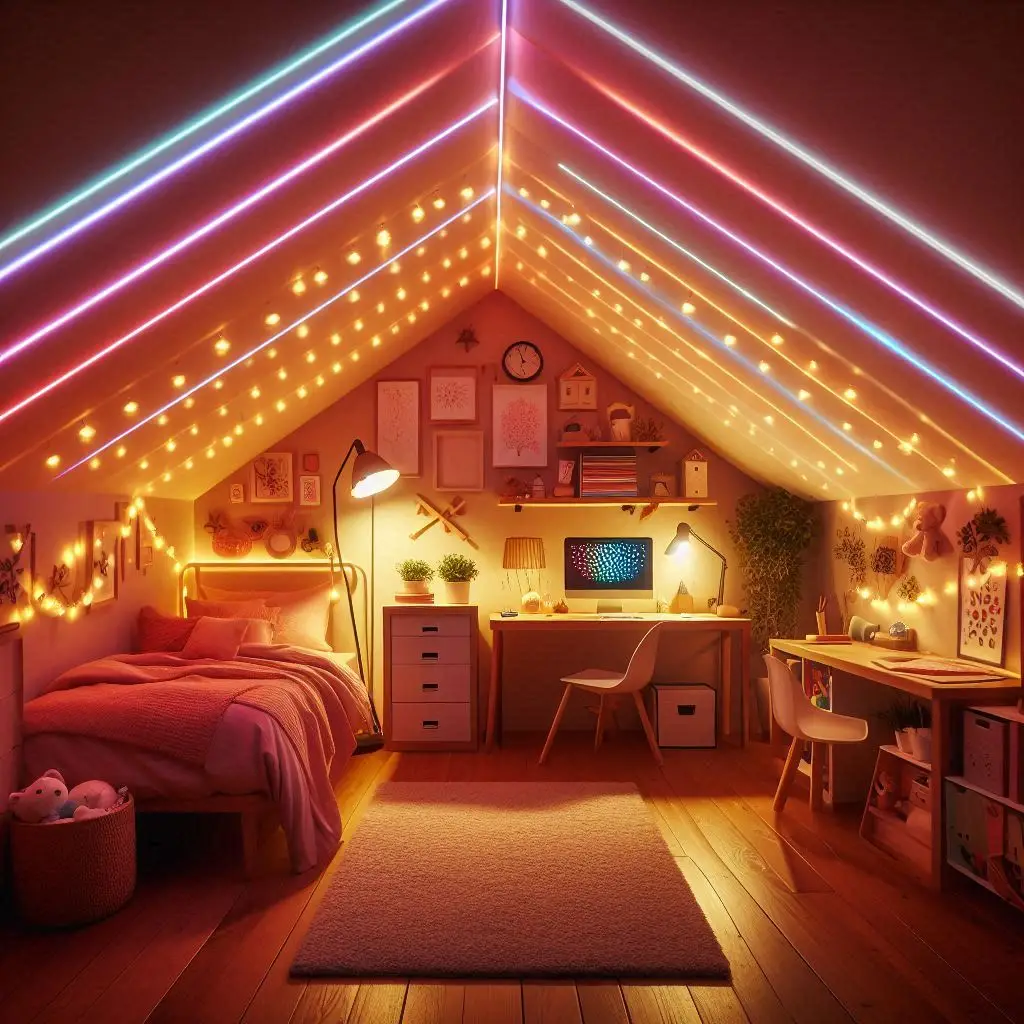 "Attic kids room with layered smart lighting including fairy lights, nightlights, and color-changing LEDs, under sloped ceiling"