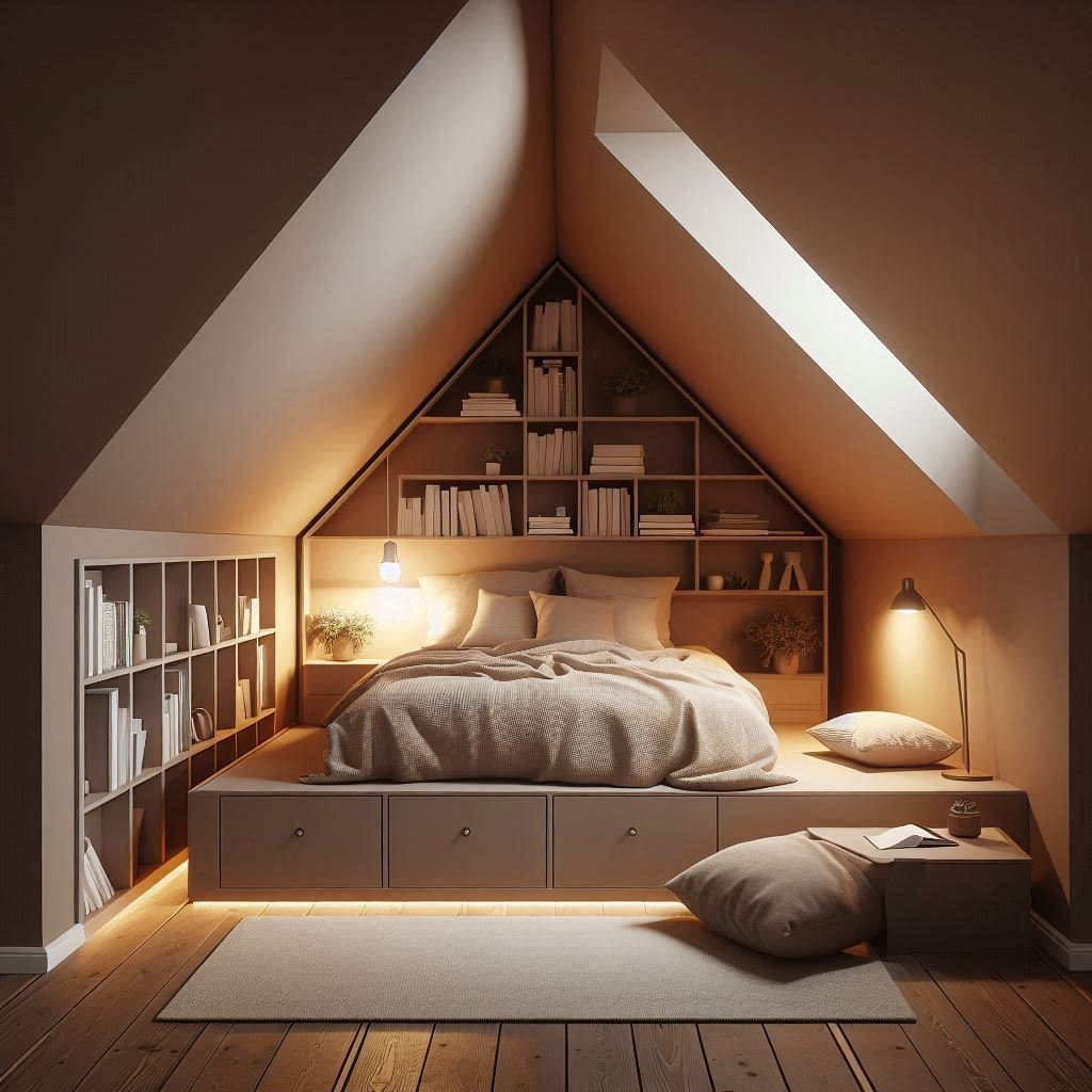 Cozy attic with sloped ceilings and unified wall paint