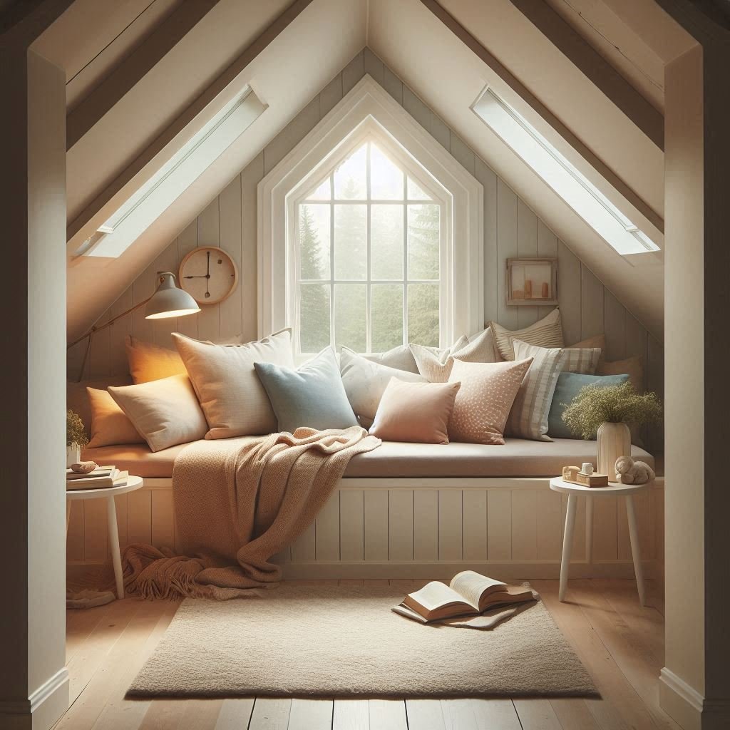 Attic space transformed with floor cushion and warm lighting