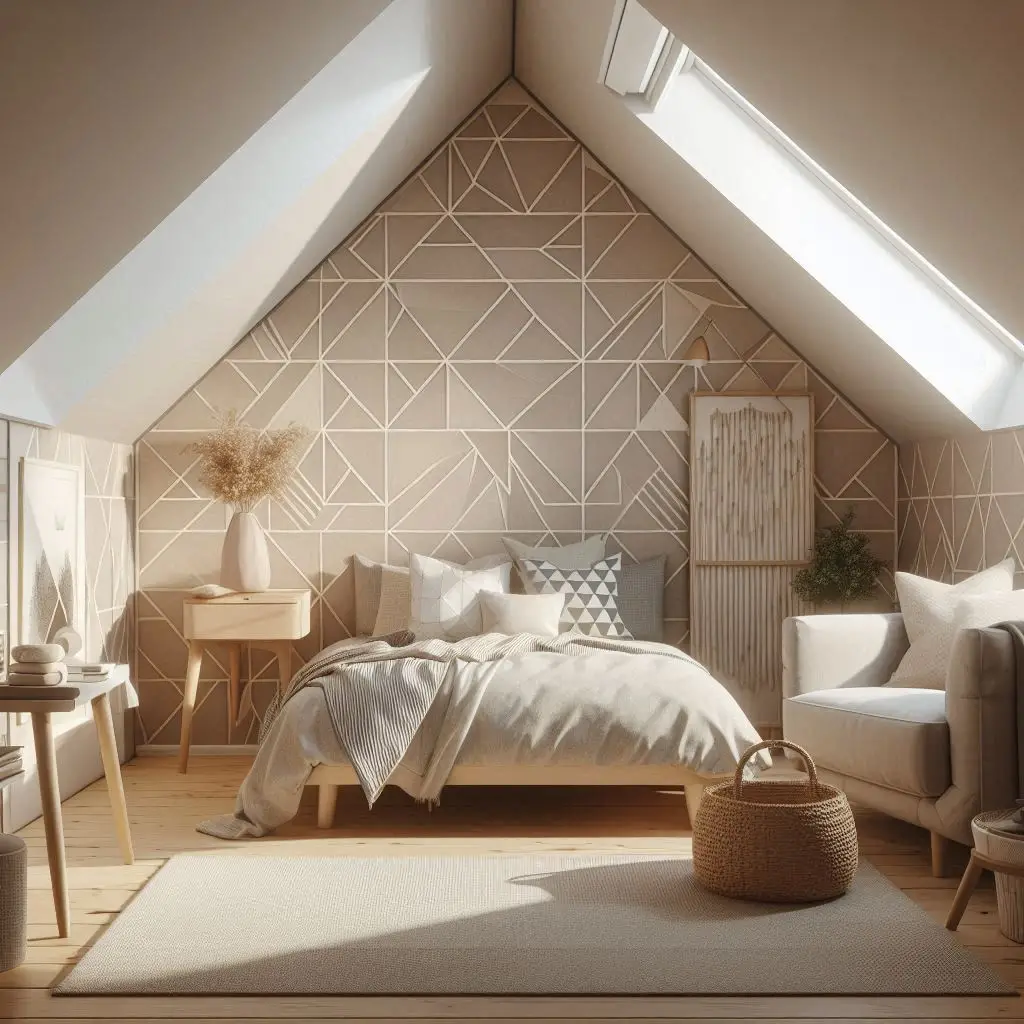 Patterned sloped wall in a stylish attic bedroom.