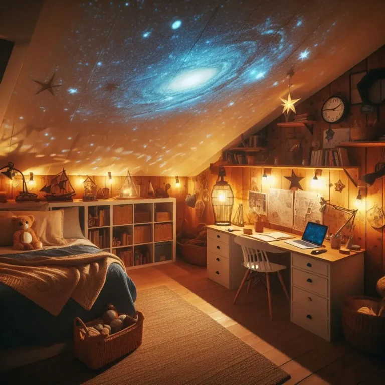 Cozy attic bedroom with galaxy projector and string lights for a magical and functional space.