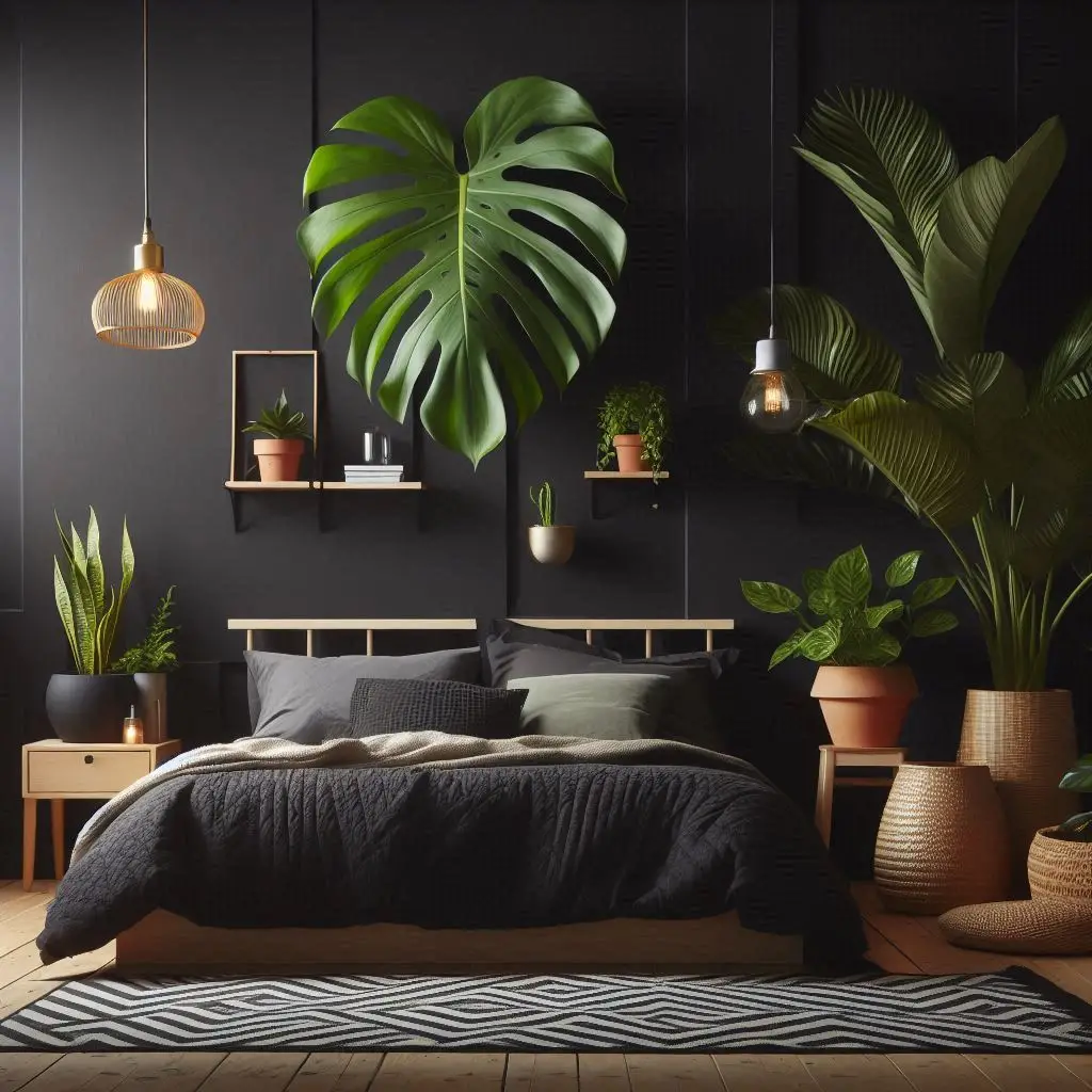 Lush green plants popping on black wall