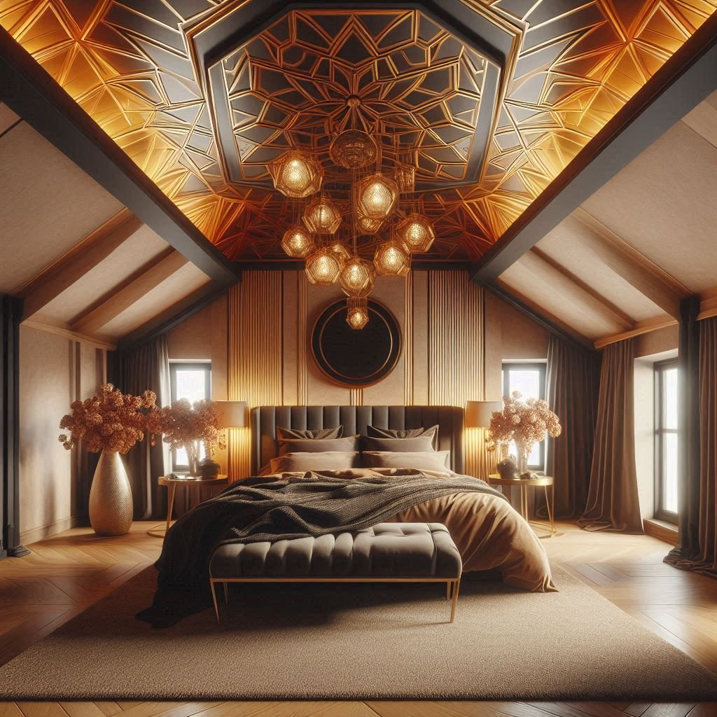 Attic bedroom featuring a luxurious and bold statement ceiling