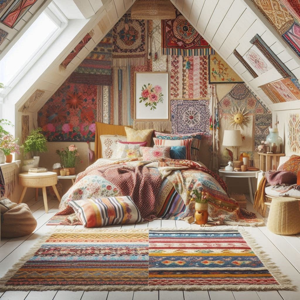 Eclectic Attic Bedroom with Bold Patterns & Boho Vibes