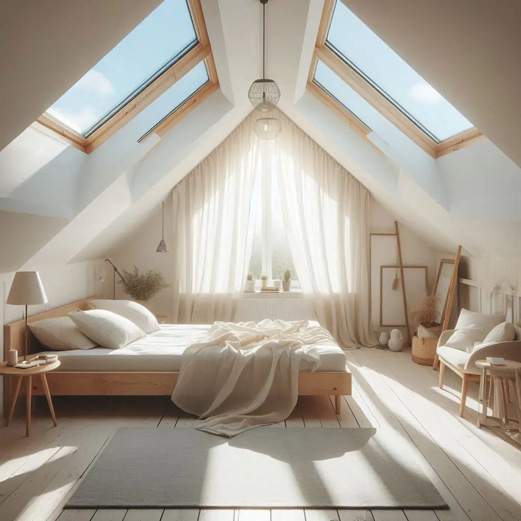 Sunlit attic bedroom with dormer windows and skylights for a fresh and open feel.