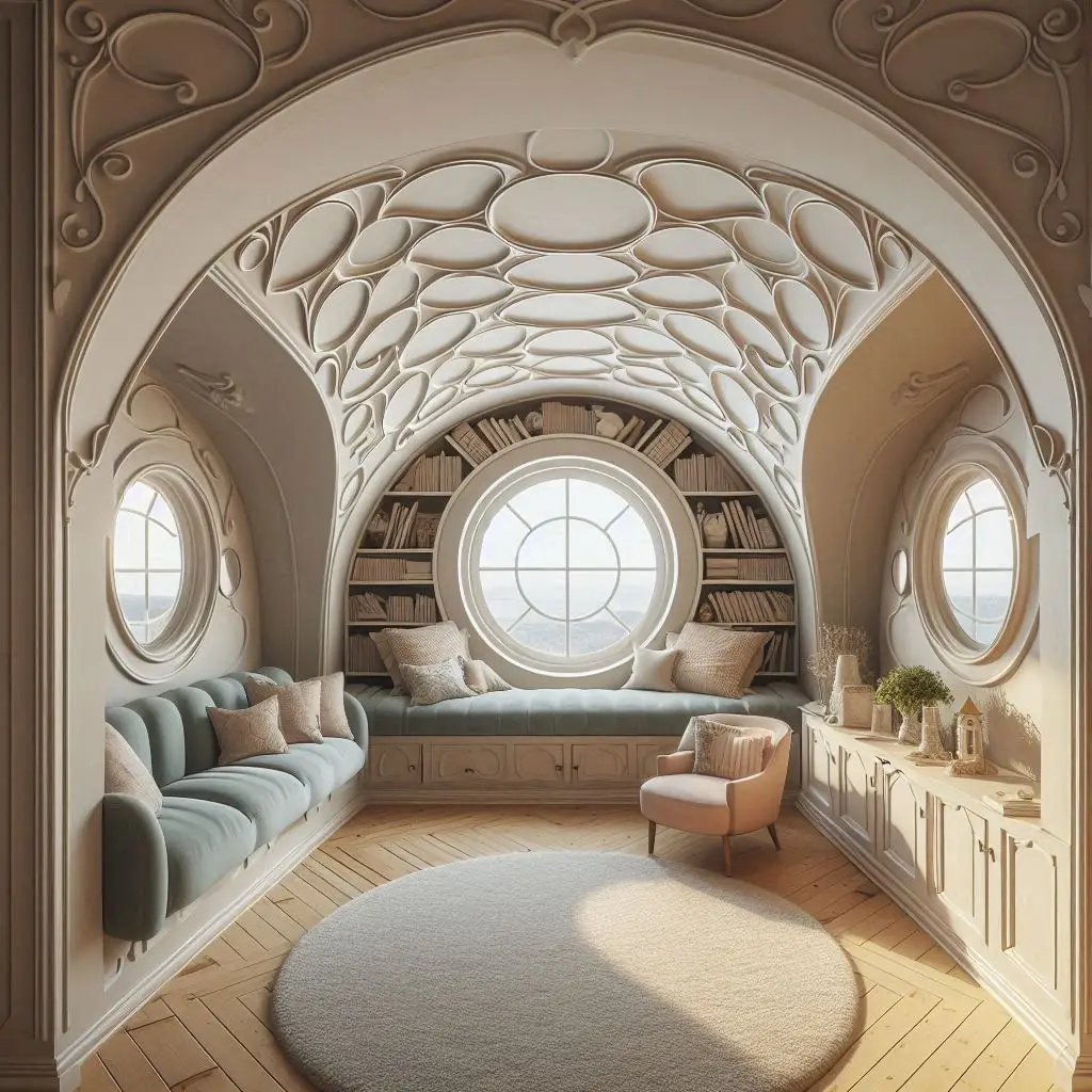 Rounded accents and arched details used to soften sharp attic lines.