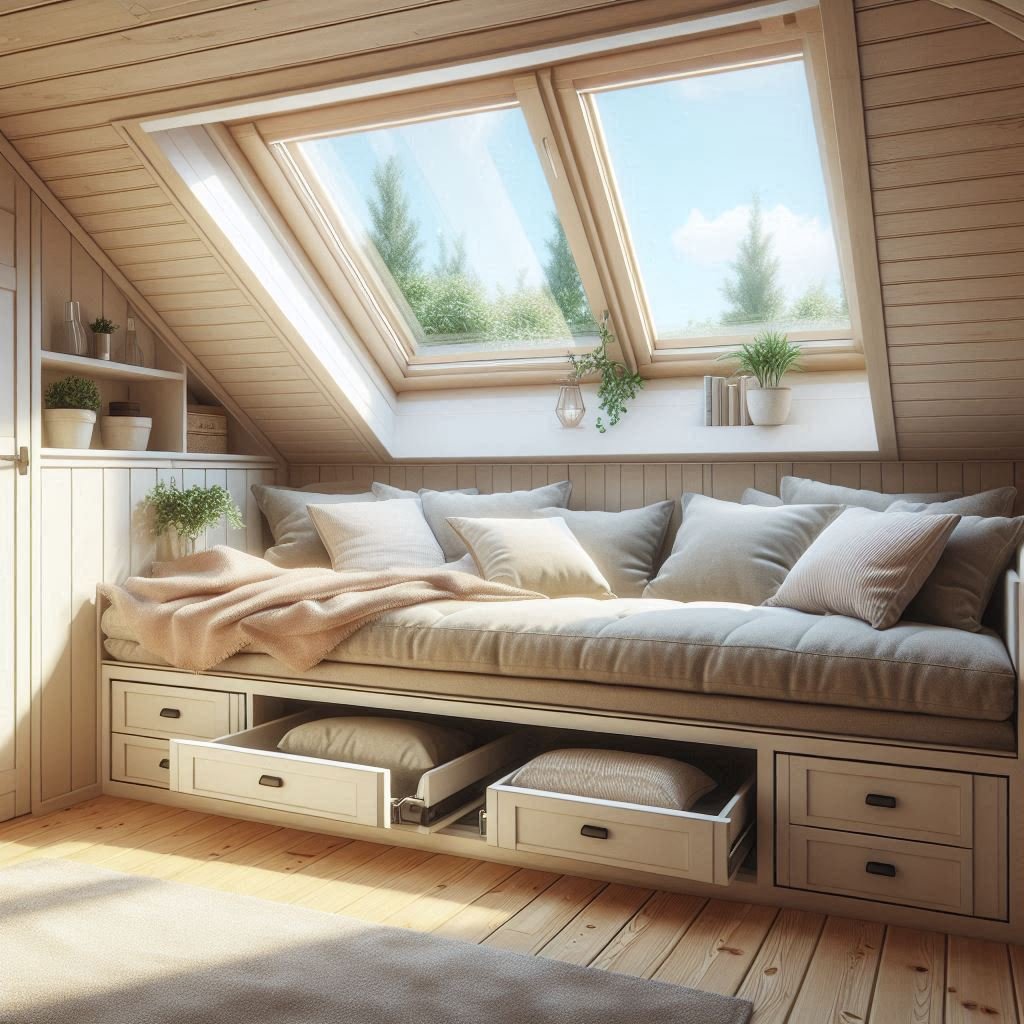 Cozy Attic Window Seat With Built-In Storage Underneath