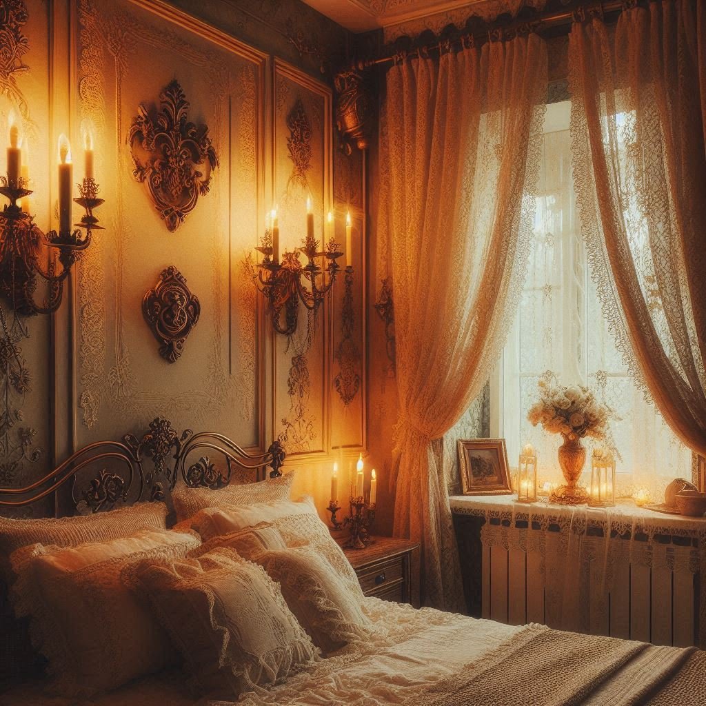 Candle-style vintage wall sconces in romantic bedroom