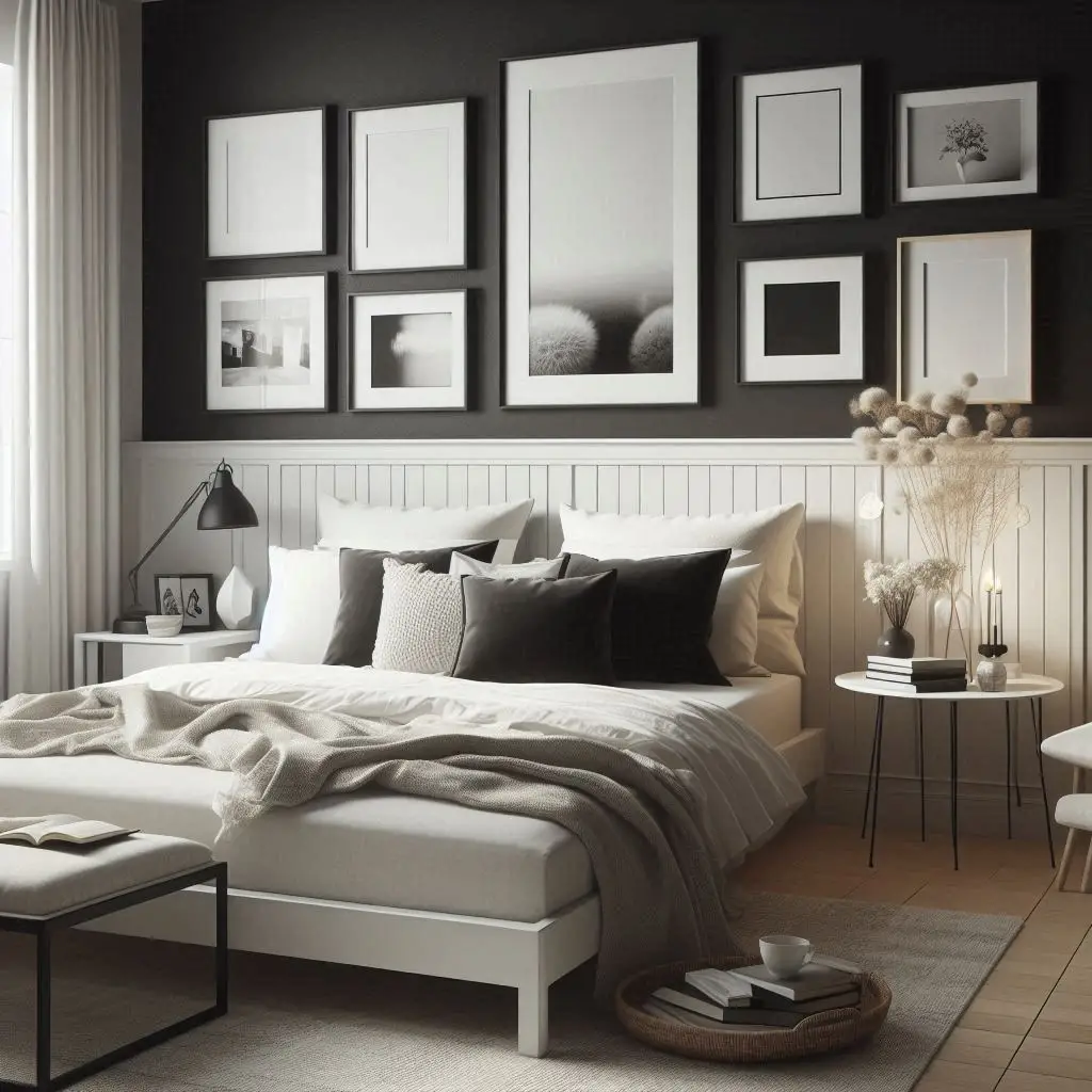 Monochrome wall featuring black frames with white borders.