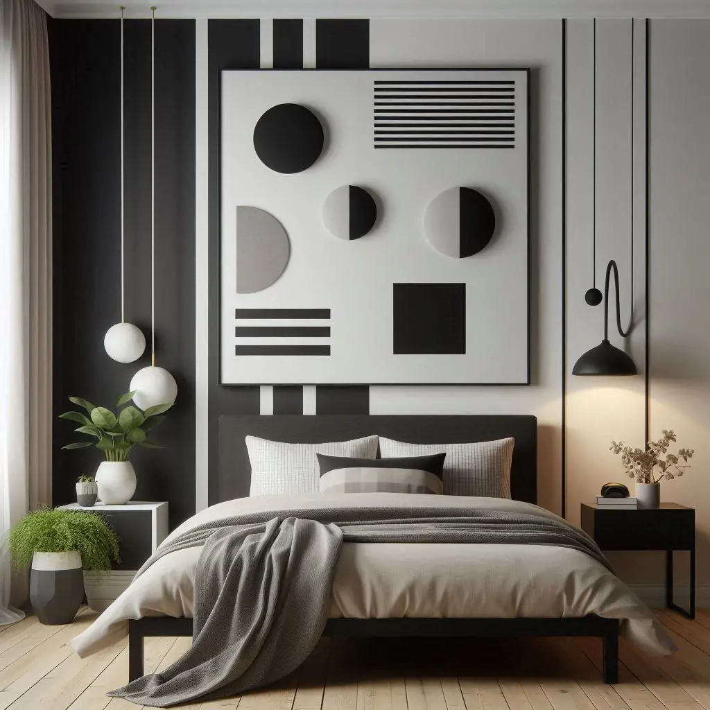 Two-tone black and white wall design in a trendy bedroom.