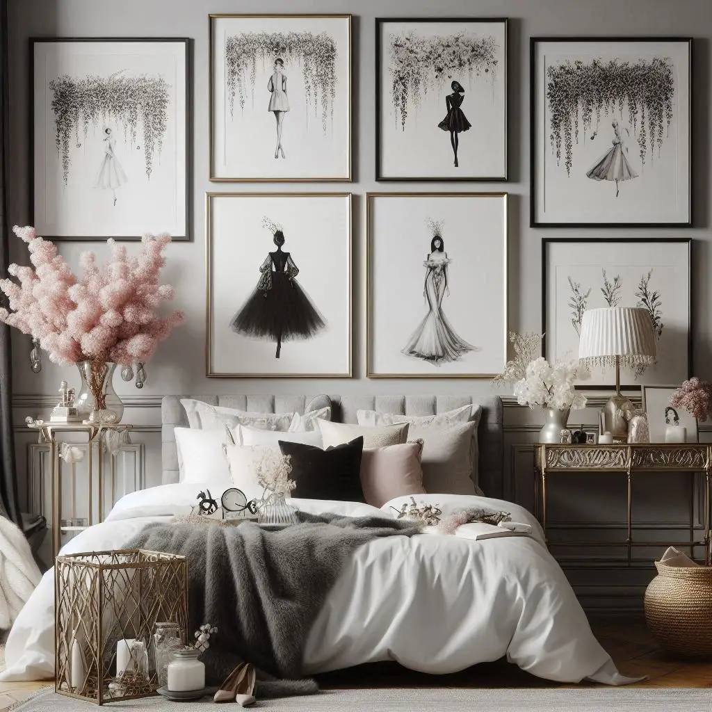 Bedroom wall with black and white framed fashion illustrations.