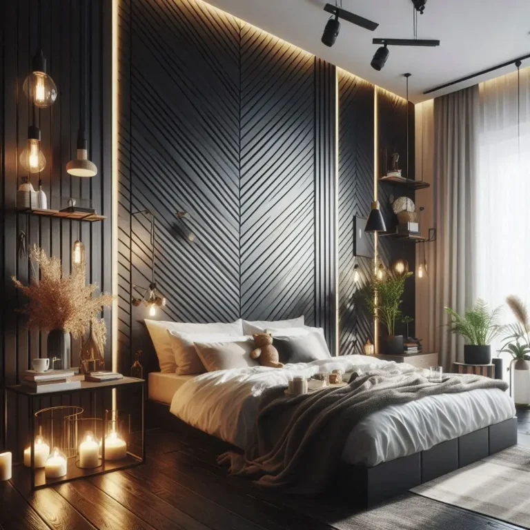Black wood panel accent wall in a white and grey bedroom.