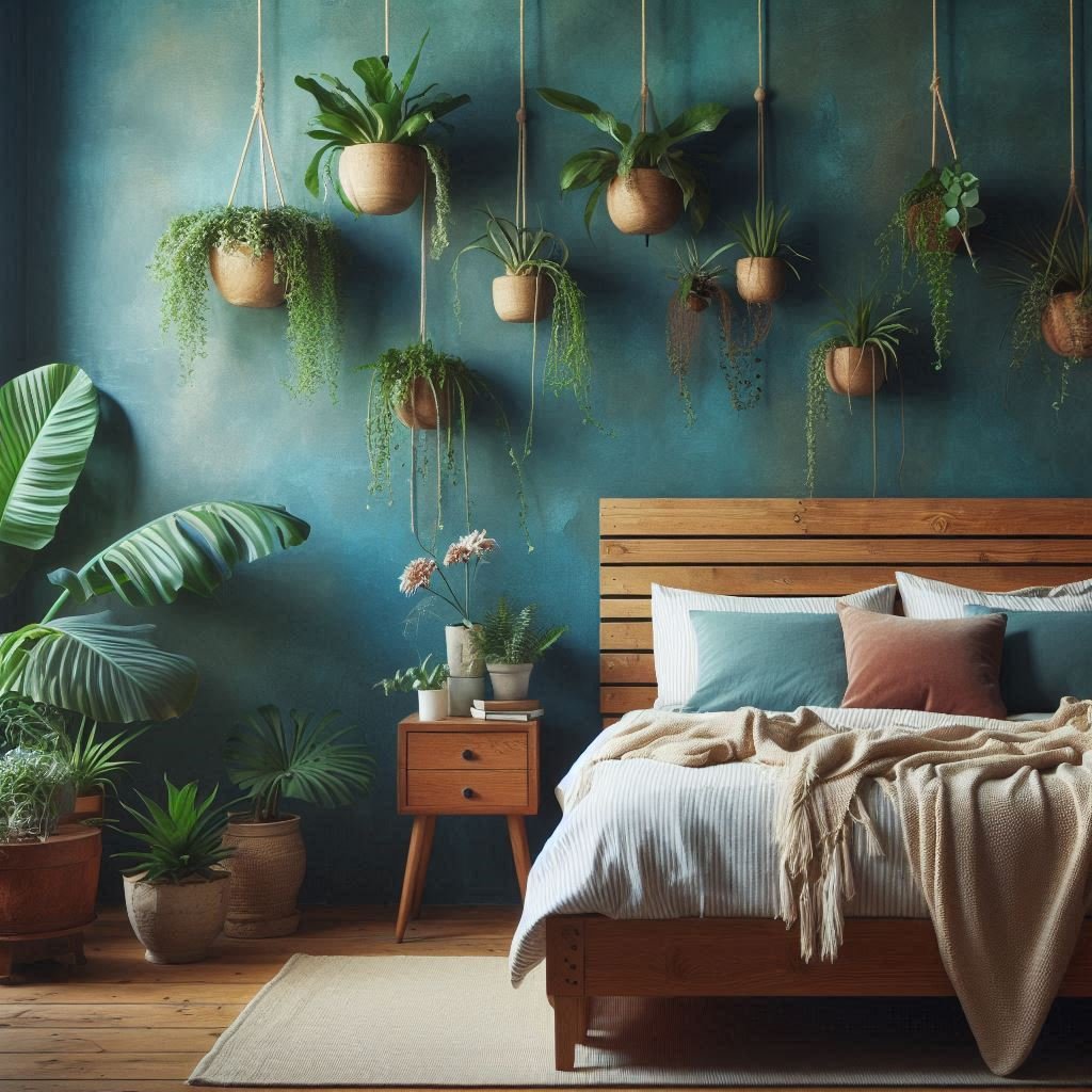  Teal blue wall with indoor greenery and rustic decor.