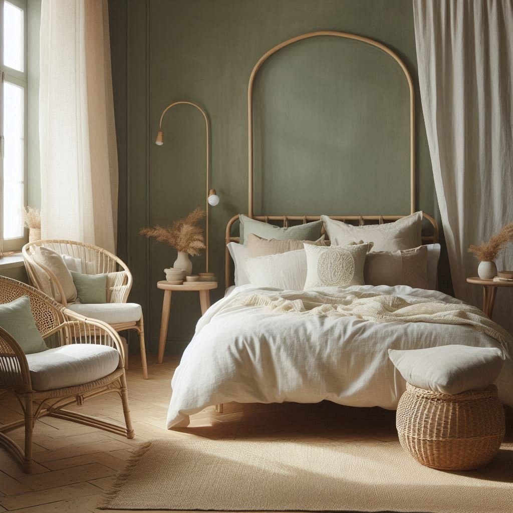 Alt Text: Sage green bedroom wall with rattan bed and natural textures.
