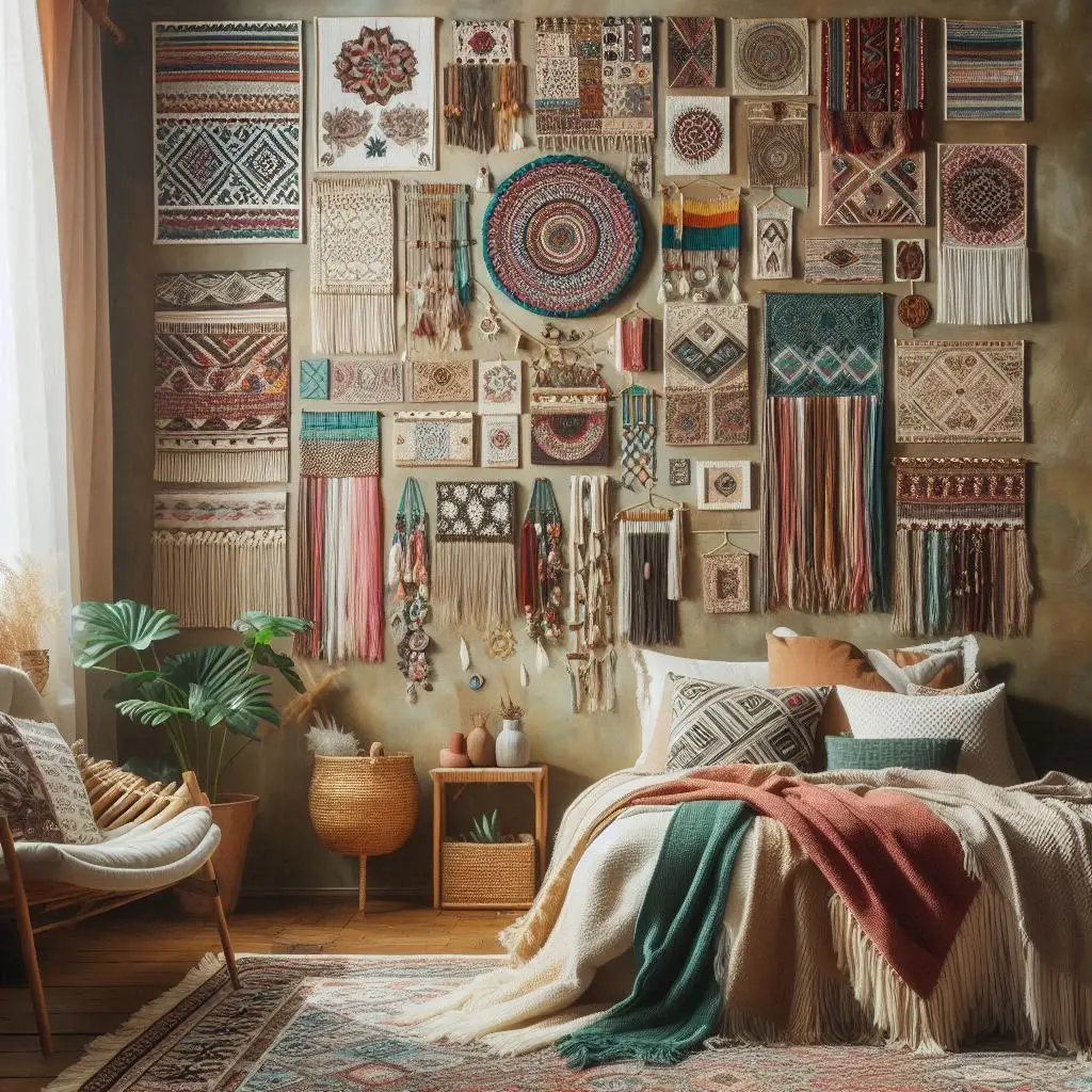 Textile collage wall decor in a colorful boho room