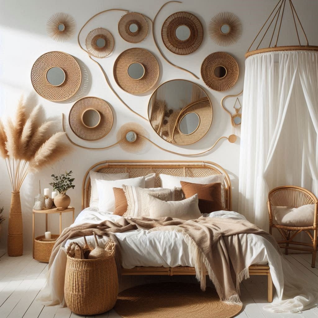 Boho bedroom with rattan mirror wall display