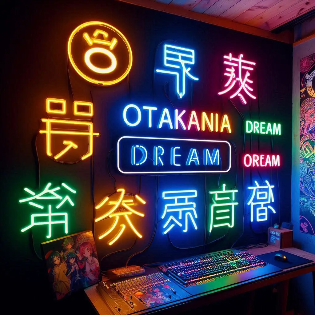 Katakana neon sign decor in aesthetic anime fan bedroom.