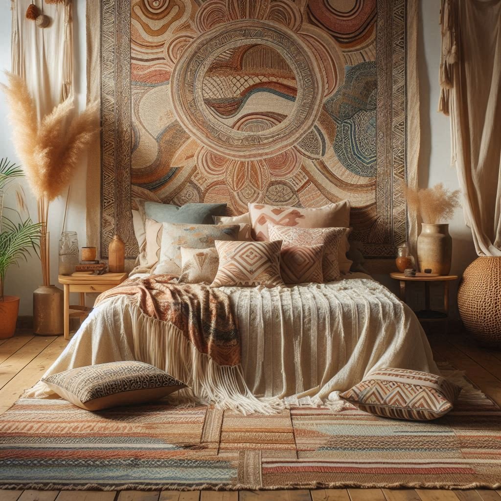 Boho bedroom with colorful tapestry wall decor"