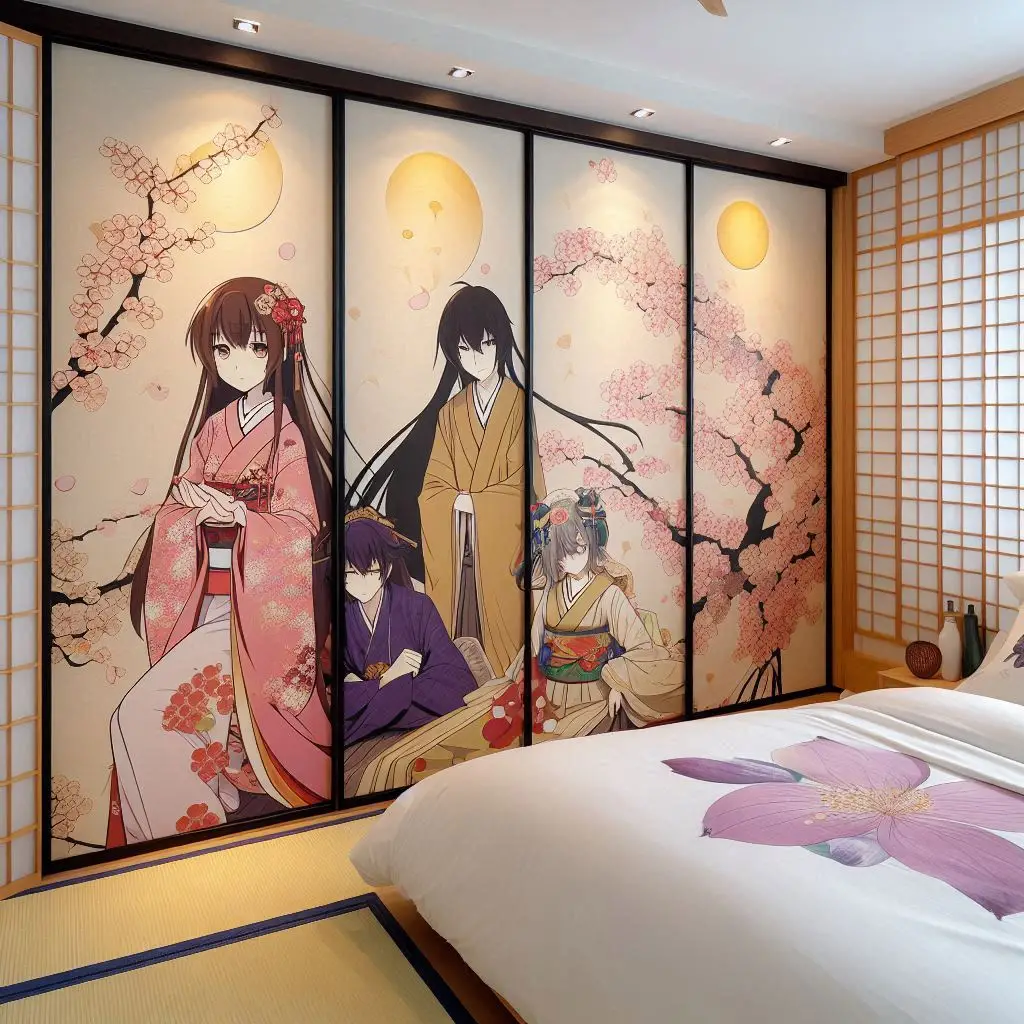 Shoji screen with anime artwork in Japanese-style bedroom.