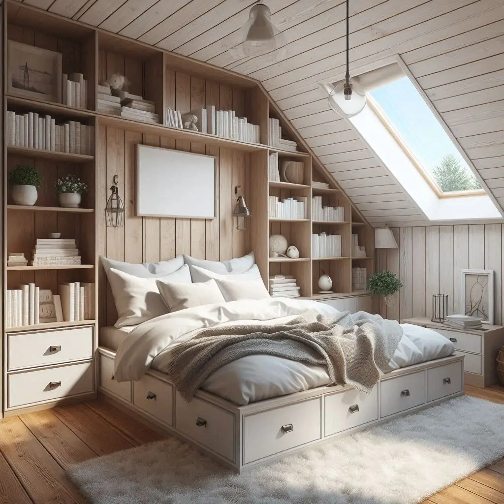 Bed under attic slope with drawers