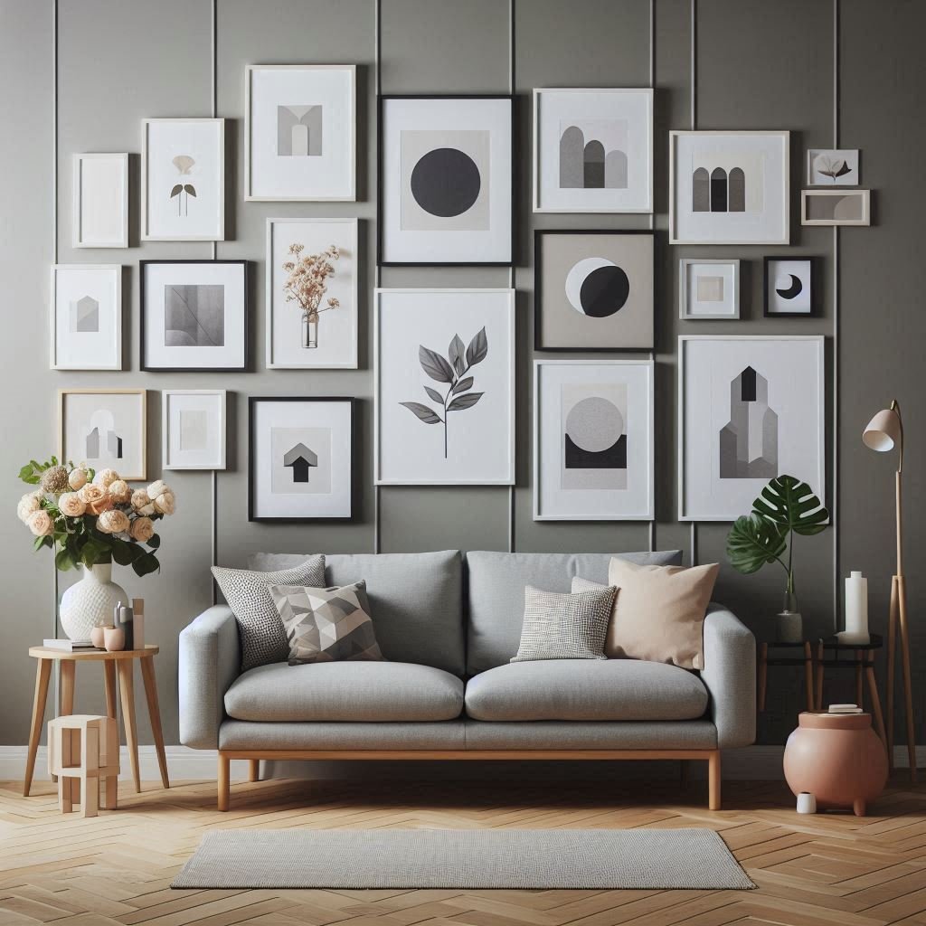 Gallery Wall with a Color Theme
Create a curated gallery wall using a consistent color palette — think neutrals or monochrome for a modern finish.