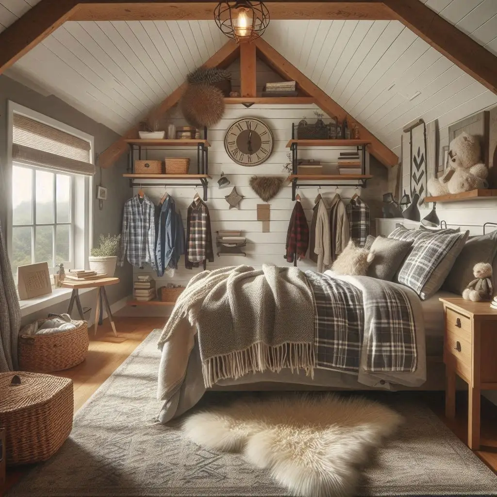 Rugged textures in attic boy room