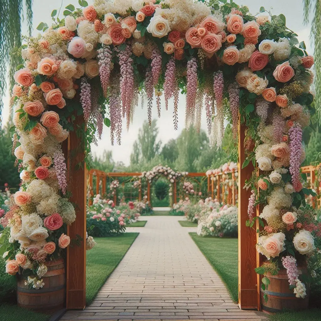 Floral-Covered Wooden Arch