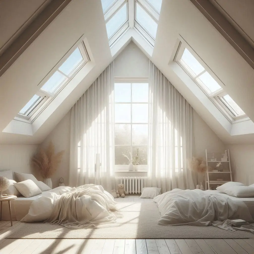 Attic bedroom with skylights and sheer curtains for maximum natural light